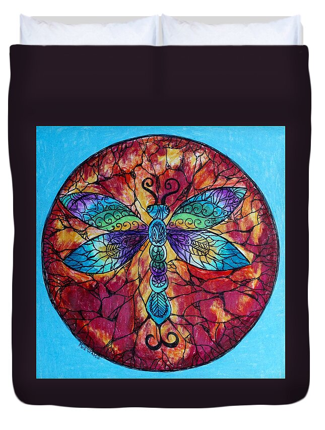 Dragonflies Duvet Cover featuring the drawing Dragonfly Mandala by Megan Walsh