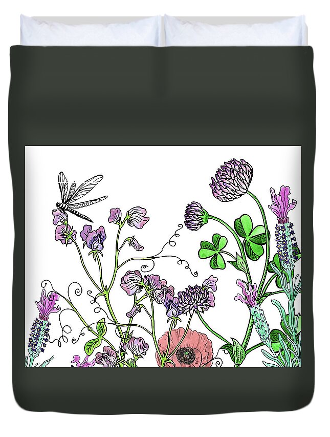 Wildflowers Duvet Cover featuring the painting Dragonfly On Sweet Pea Wildflower Garden Botanical Watercolor by Irina Sztukowski