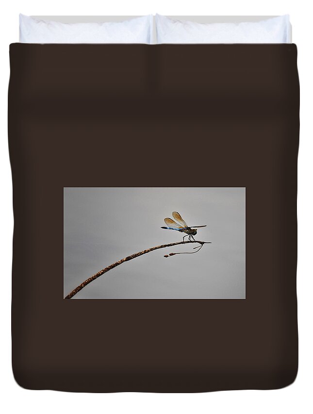 Photo Duvet Cover featuring the photograph Dragonfly Over Lake by Evan Foster