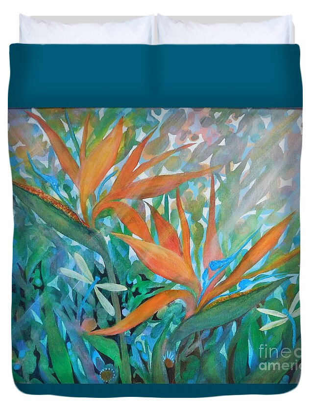 This Vibrant Painting Of An Two Bird Of Paradise Blooms With A Pair Of Visiting Dragonflies Was Done On Gallery-wrapped Stretched Canvas Using Multiple Layers Of Transparent Acrylic Paint To Capture Its Bright Colors. It Is Ready To Hang Unframed As Is Or It Will Fit Any Standard 16 X 20 Frame Which Is Not Included But Easity Available. Duvet Cover featuring the painting Dragons and Birds by Joan Clear
