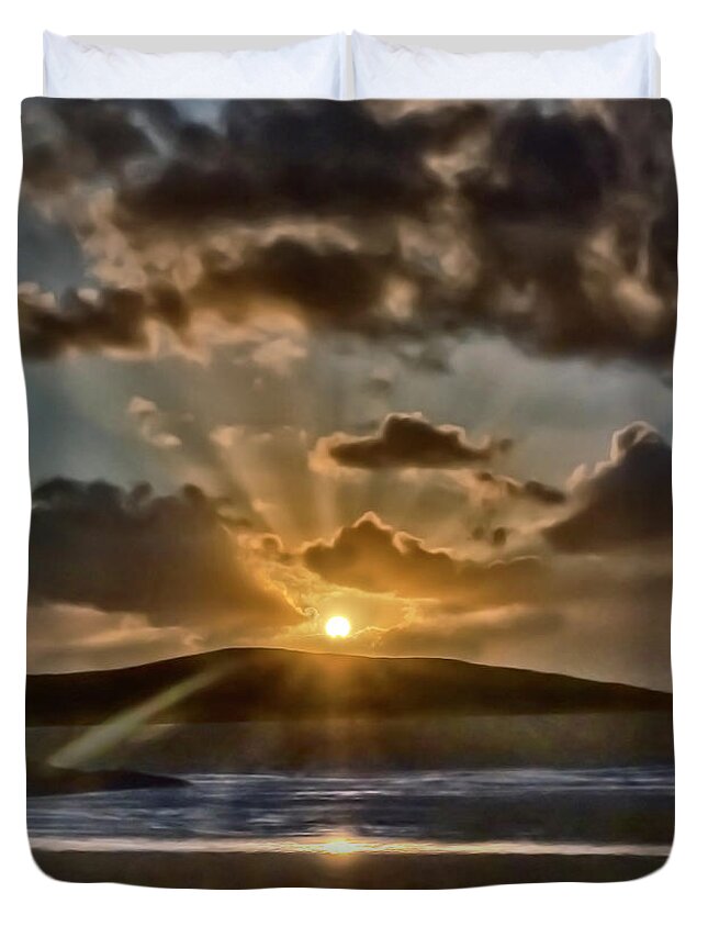 Dramatic Sunset Blue Yellow Round Sun Rays Glen Water Sea Mountain Beautiful Magnificent Stunning Serenity Solitary Nature Powerful Clouds Sky Shining Scotland Harris Highlands Mountains Setting Landscape Panorama Panoramic Breathtaking Spectacular Exciting Mindfulness Relaxing Artistic Unwinding Stylish Exceptional Singular Memorable Phenomenal Eccentric Awesome Electrifying Stimulating Intoxicating Sensational Thrilling Splendid Atmospheric Aesthetic Charming Outer Hebrides Fantastic Magical Duvet Cover featuring the photograph Dramatic sunset at sea and mountains #1 by Tatiana Bogracheva