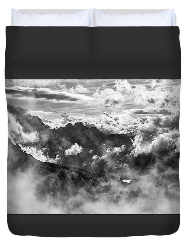 Mountain Duvet Cover featuring the photograph Dramatic Stormy sky and the mountain peaks of the Dolomites in S by Michalakis Ppalis