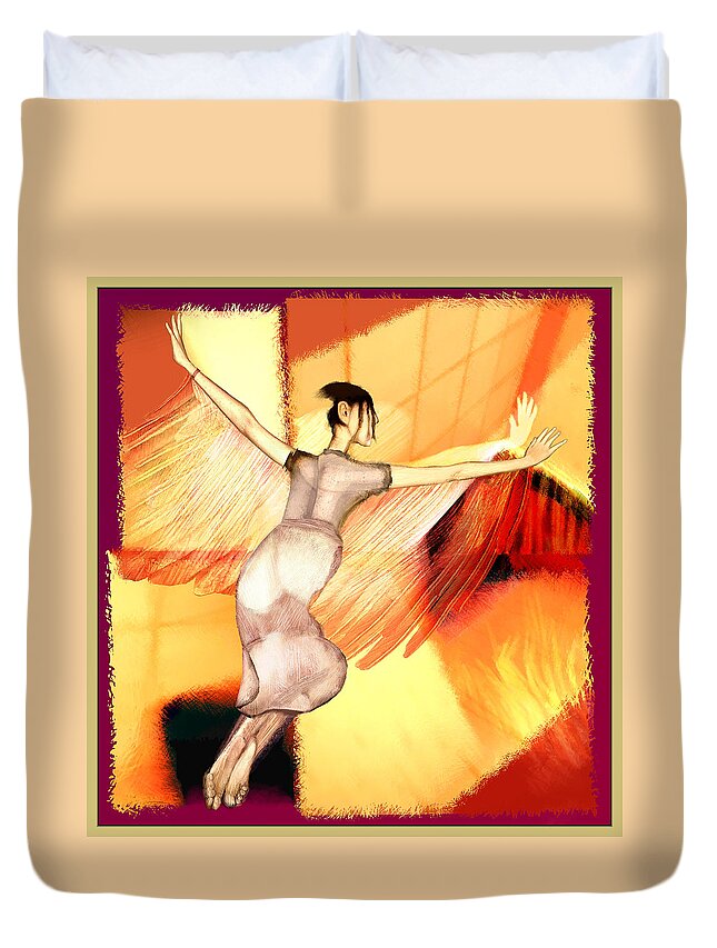 Dream Flying Red Yellow Duvet Cover featuring the painting Dream Flying by Hone Williams