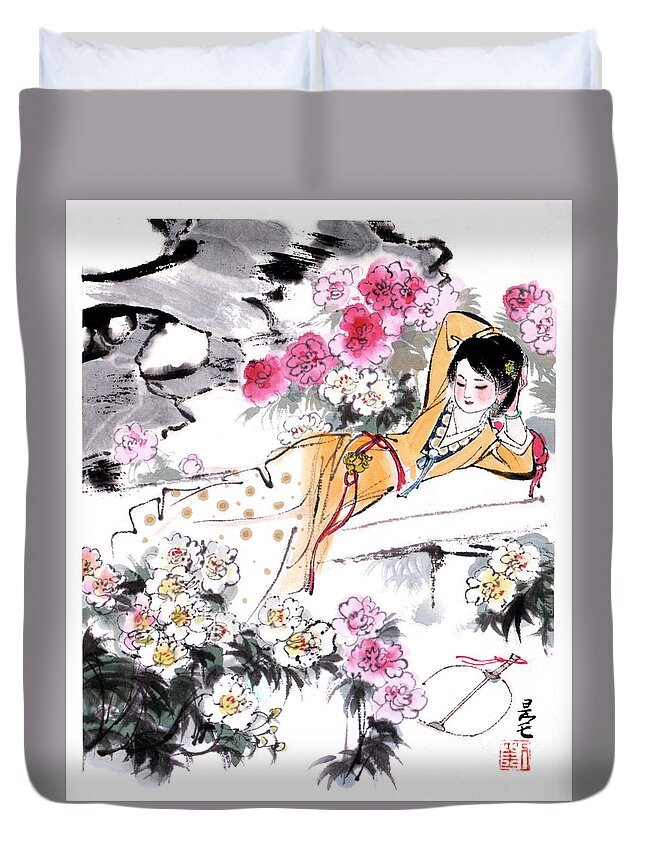 Liu Danzhai Duvet Cover featuring the painting Dream of the Red Chamber - Woman Laying In Garden by Liu Danzhai