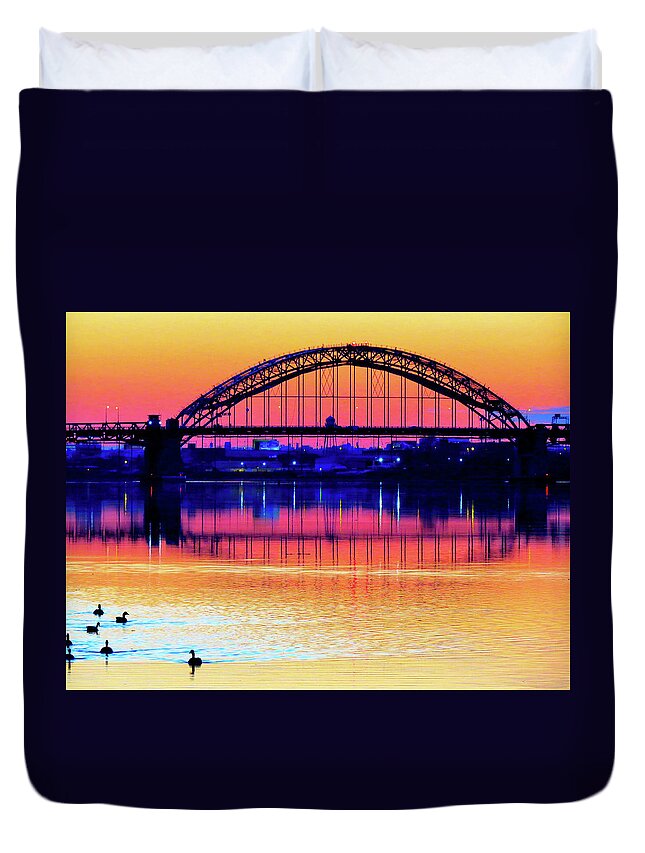Bridge Duvet Cover featuring the photograph Drenched in Sunset Colors by Linda Stern
