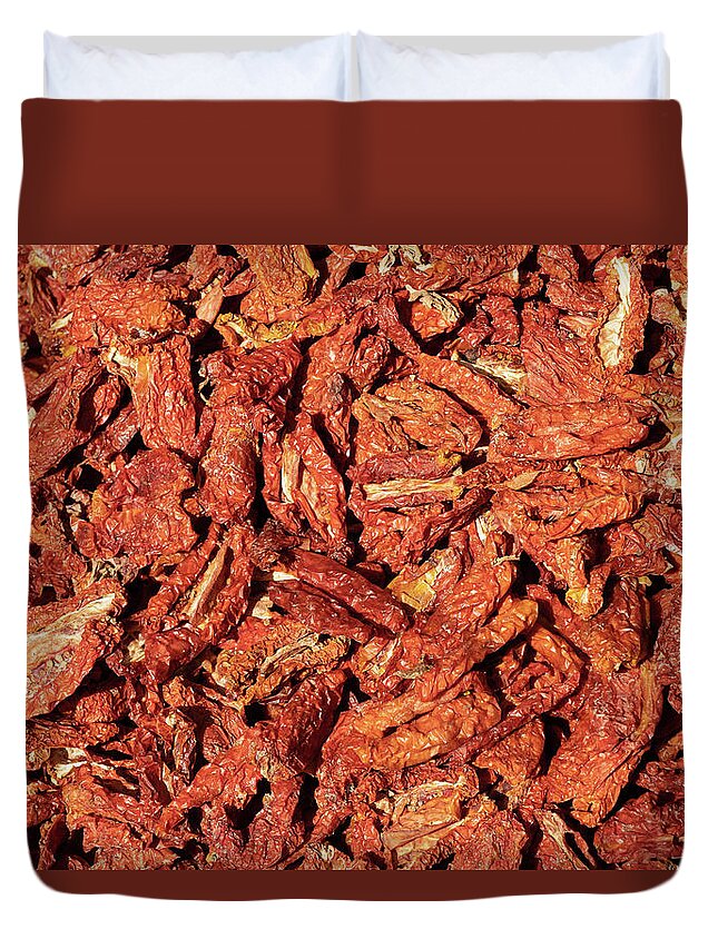 Fresh Duvet Cover featuring the photograph Dried Italian Tomatoes Background by Artur Bogacki