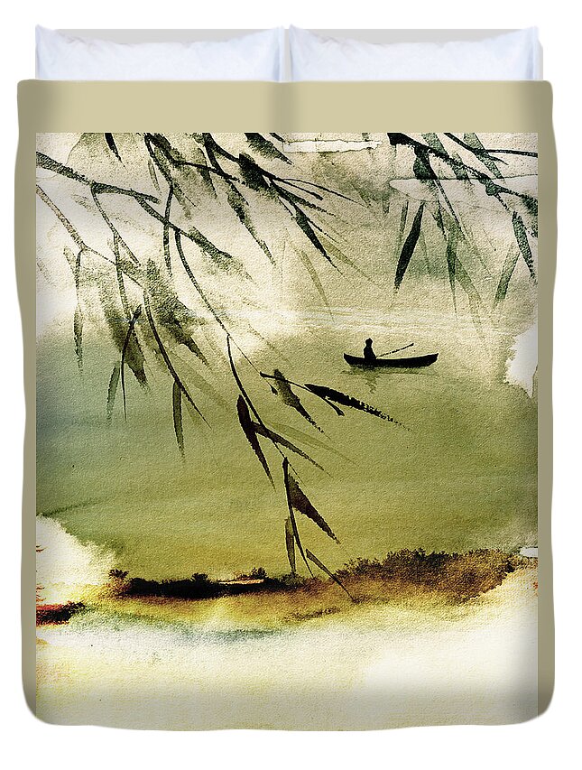 Fishing Scene Duvet Cover featuring the mixed media Drifting by Colleen Taylor