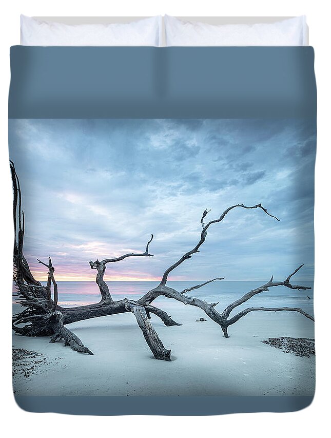 Driftwood Beach Duvet Cover featuring the photograph Beach Driftwood Footprints Jekyll Island Georgia Sunrise by Jordan Hill