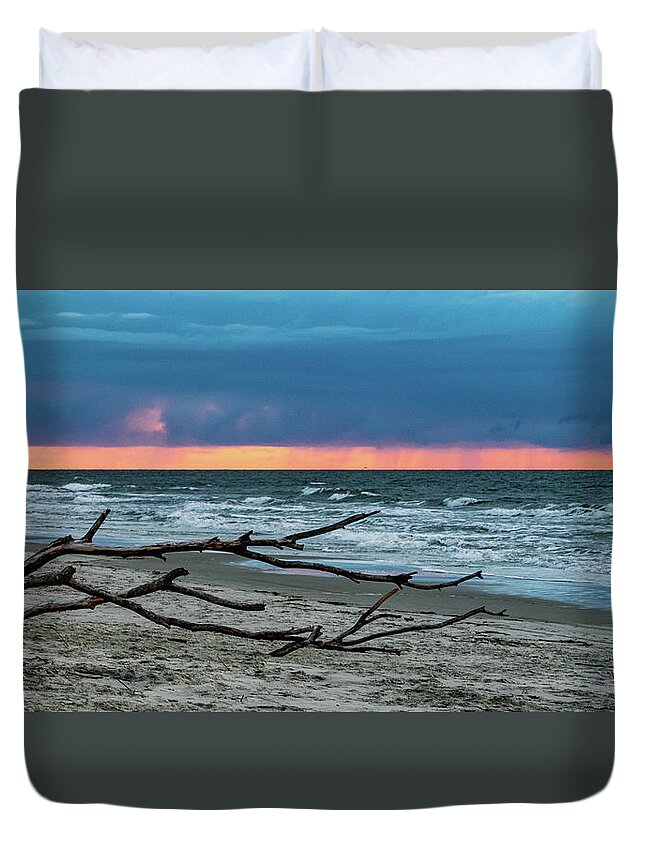 Sunrise Duvet Cover featuring the photograph Driftwood and Stormy Seas Panoramic by Mary Ann Artz