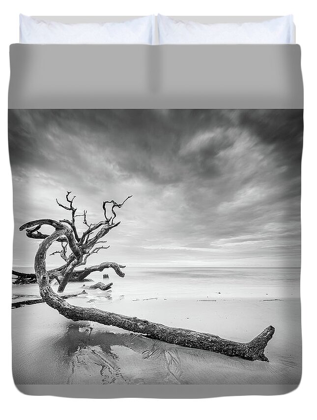 Driftwood Beach Duvet Cover featuring the photograph Driftwood In Black And White by Jordan Hill