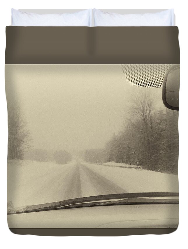 Snow Duvet Cover featuring the photograph DriversVermontSnowStormView by Russel Considine