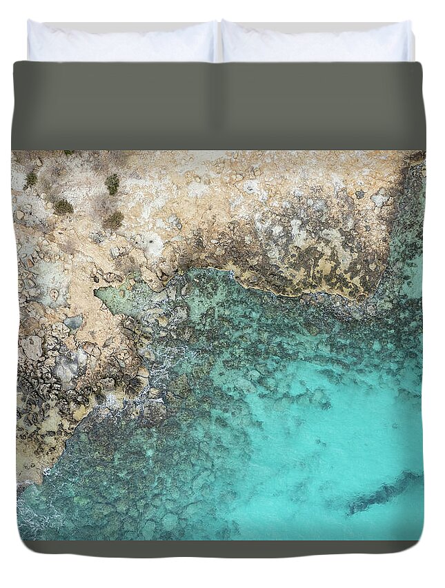 Rocky Beach Duvet Cover featuring the photograph Drone aerial of rocky sea coast with transparent turquoise water. Seascape top view by Michalakis Ppalis