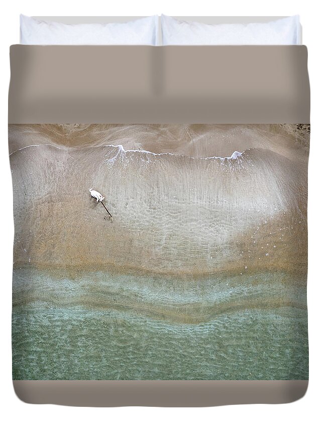 Animal Running Duvet Cover featuring the photograph Drone aerial of white Dog running and playing at empty sandy beach by Michalakis Ppalis
