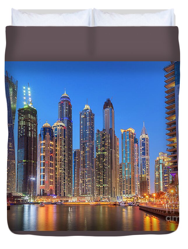 Dubai Skyline Night Duvet Cover featuring the photograph Dubai Marina Skyline at night by Neale And Judith Clark