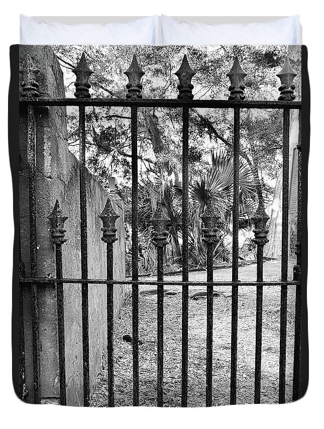Dubignon Cemetery Gate Jekyll Island Black And White 2 Georgia Duvet Cover featuring the photograph DuBignon Cemetery Gate Jekyll Island Georgia Black And White 2 by Lisa Wooten