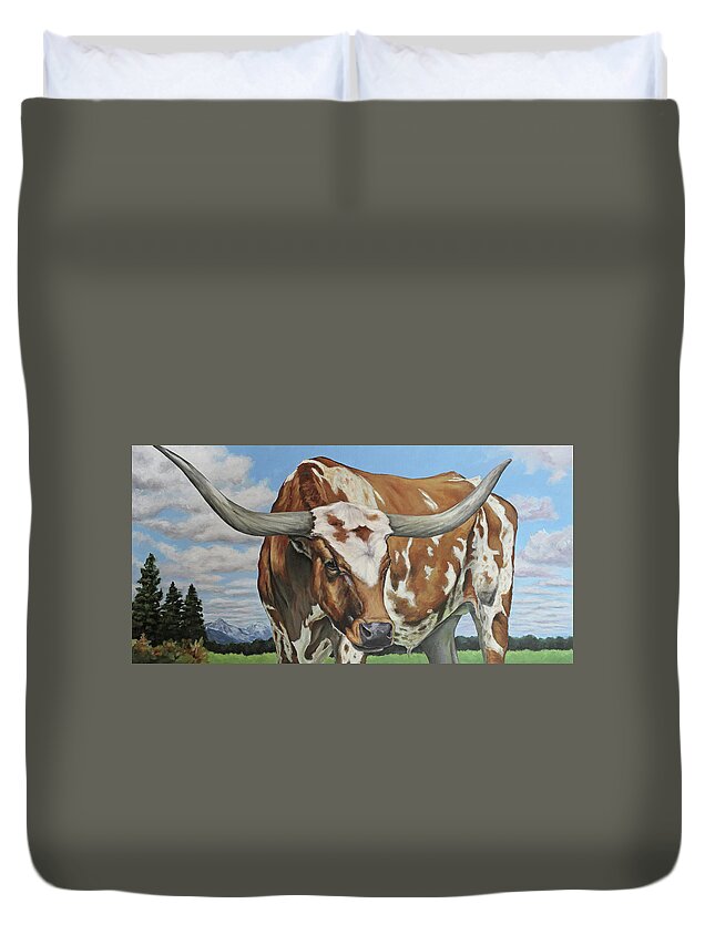 Cattle Duvet Cover featuring the painting Dubious by Joan Frimberger