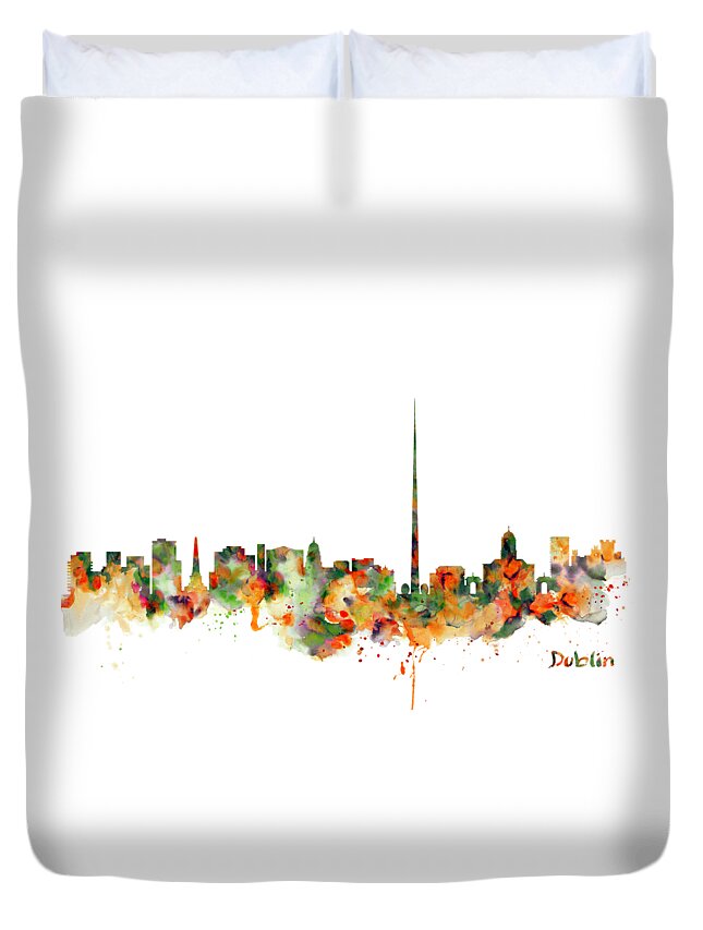 Marian Voicu Duvet Cover featuring the painting Dublin Watercolor Skyline by Marian Voicu