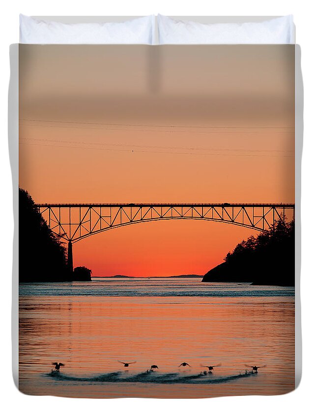 Deception Pass Duvet Cover featuring the photograph Ducks Under the Bridge by Michael Rauwolf