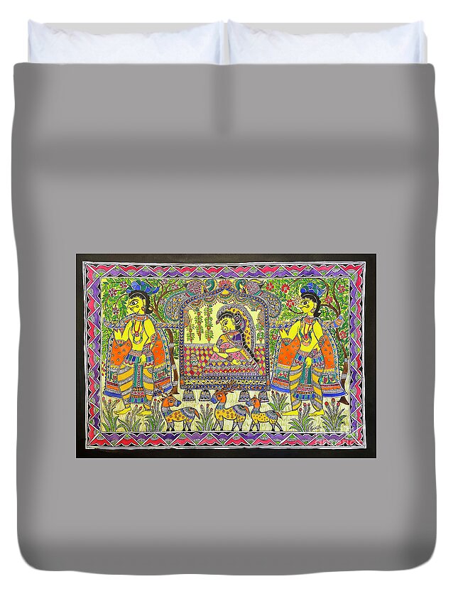 Madhubani Art Duvet Cover featuring the painting Bride in Palanquin-Dulhan ki Vidai in Palanquin by Jyotika Shroff