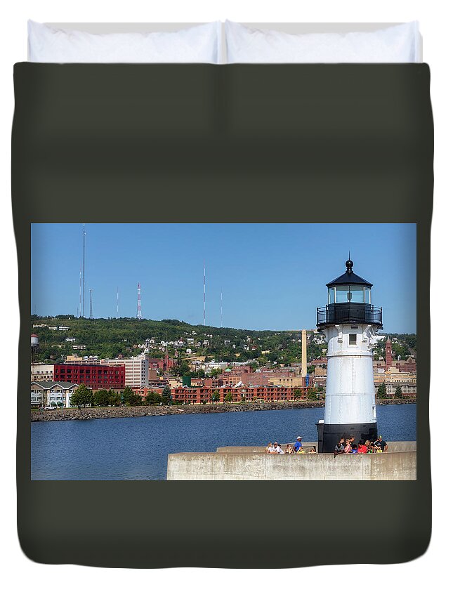 Duluth Lighthouse Duvet Cover featuring the photograph Duluth Harbor North Pier Light by Susan Rissi Tregoning