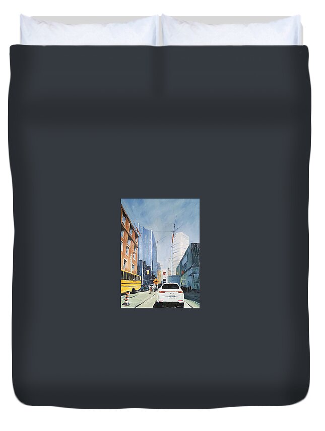 Toronto Duvet Cover featuring the painting Dundas Square by Sheila Romard
