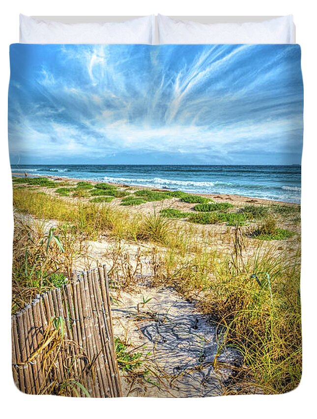 Clouds Duvet Cover featuring the photograph Dunes Fences on a Beautiful Morning by Debra and Dave Vanderlaan