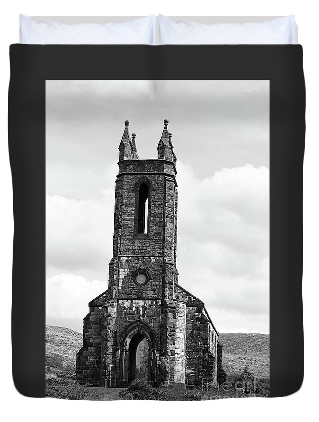 Blue Quartzite Duvet Cover featuring the photograph Dunlewey Church of Ireland bw Vertical by Eddie Barron