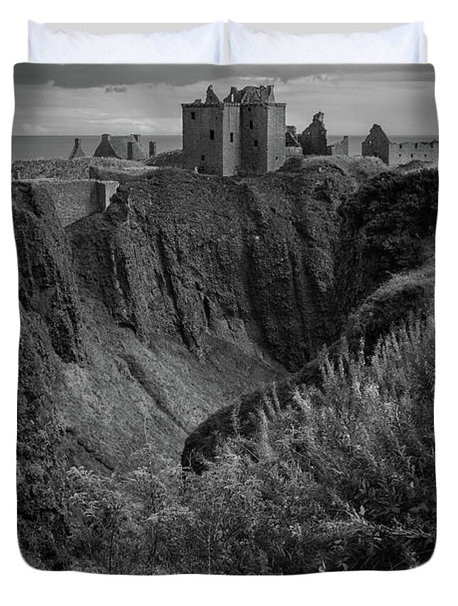 Dunnottar Duvet Cover featuring the photograph Dunnottar Castle, Aberdeenshire, Scotland - Black and White by SJ Elliott Photography