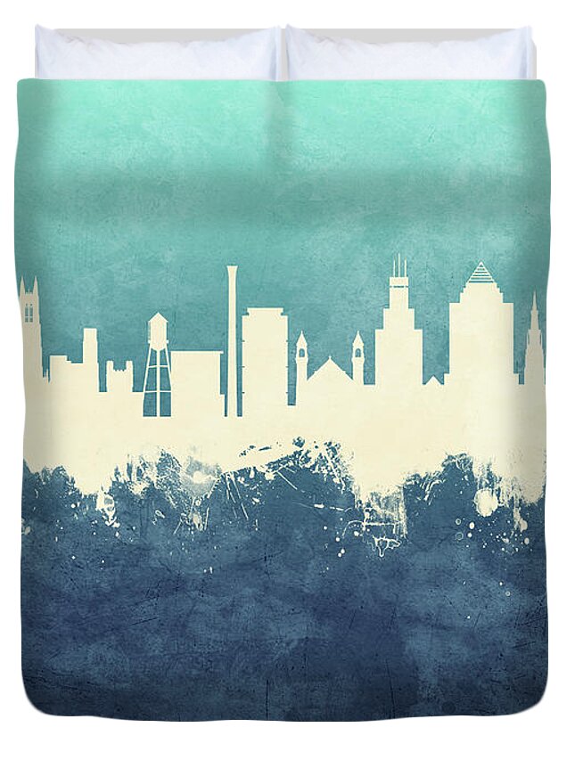Durham Duvet Cover featuring the digital art Durham North Carolina Skyline #72 by Michael Tompsett