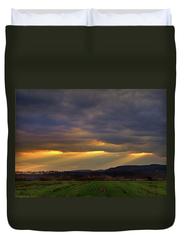 Rays Duvet Cover featuring the photograph Dusk's Light Rays in November at Newbury Crossing by Nancy Griswold