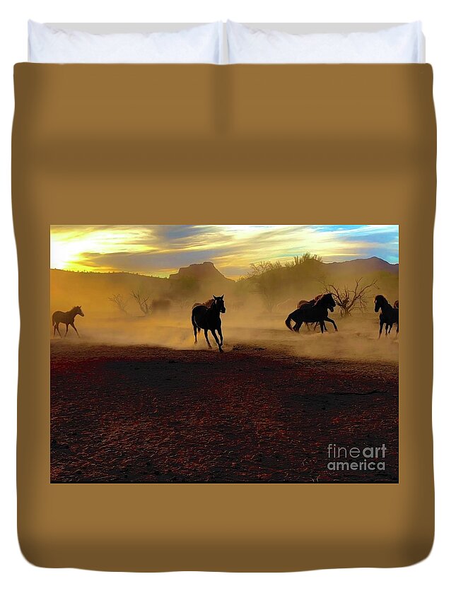 Salt River Wild Horses Duvet Cover featuring the digital art Dust Storm Rollin In by Tammy Keyes