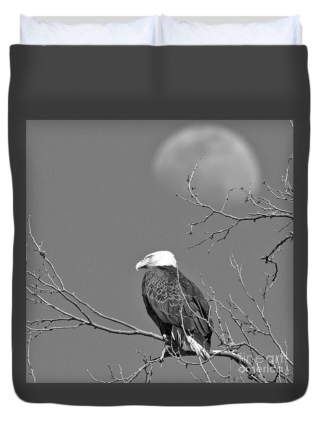 Eagle Duvet Cover featuring the photograph Eagle Under The Rising Moon Black And White by Adam Jewell