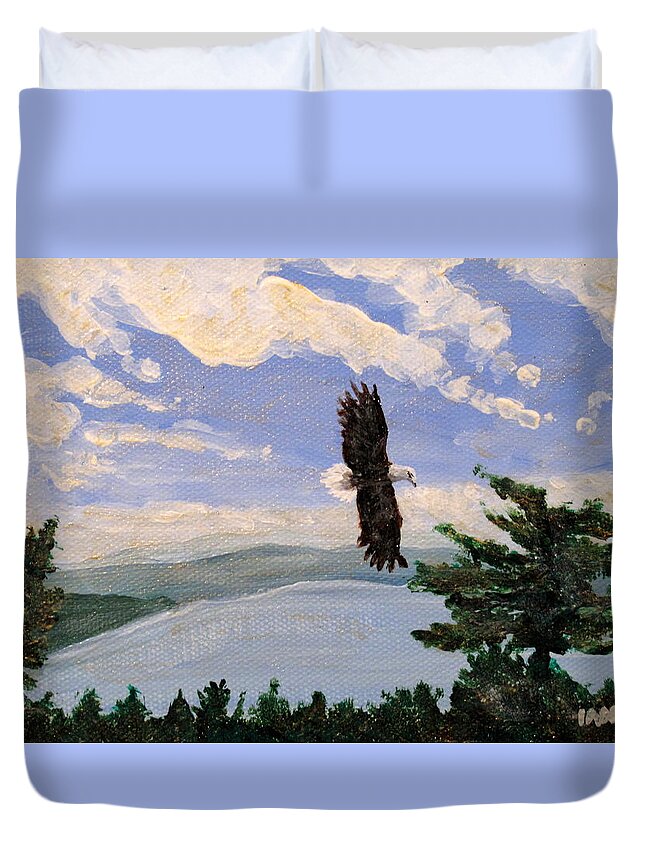 Bald Headed Eagle Duvet Cover featuring the painting Eagles Fly Over Lake Huron by Ian MacDonald