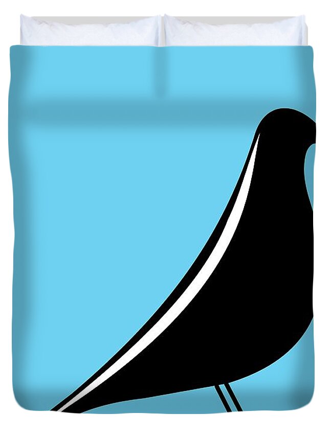 Mid Century Modern Duvet Cover featuring the digital art Eames House Bird on Blue by Donna Mibus