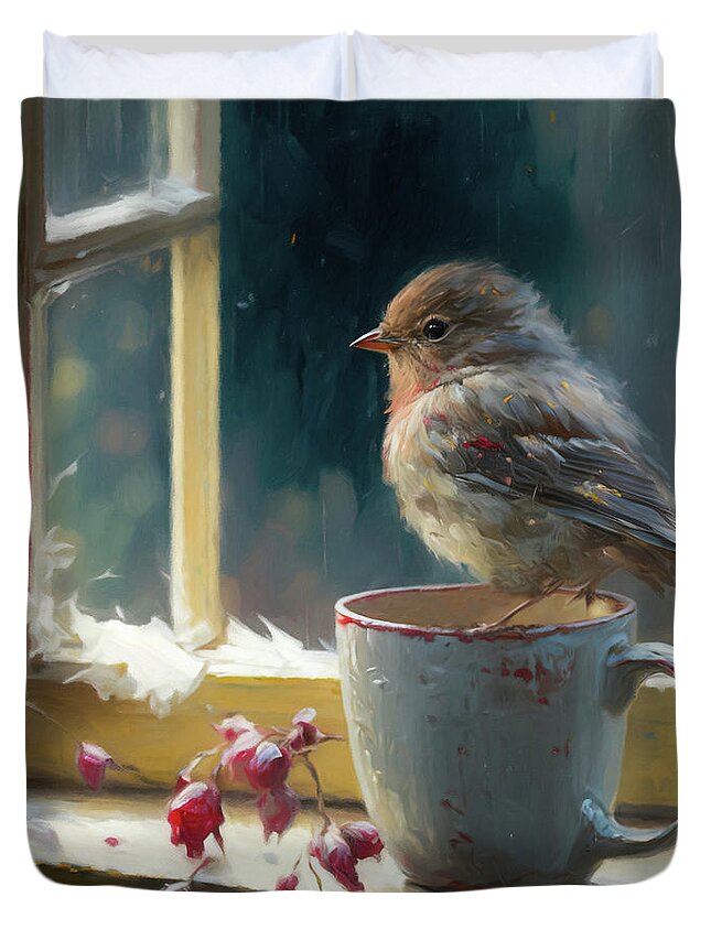 Birds Duvet Cover featuring the painting Early Bird 3 Little Finch by Jai Johnson
