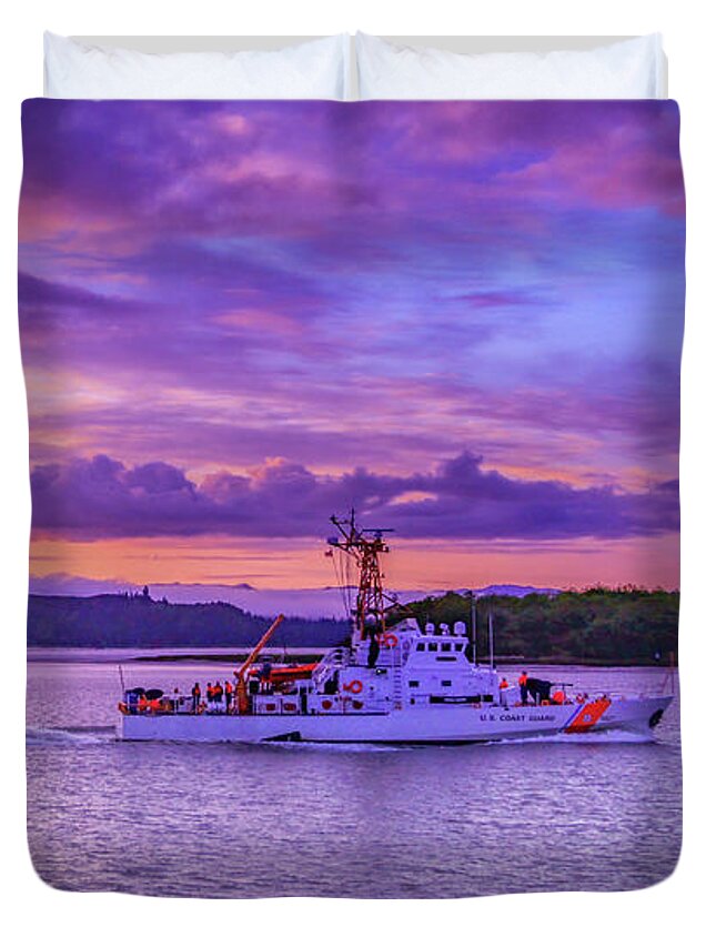 Coast Guard Duvet Cover featuring the photograph Early Morning and the U S Coast Guard Cutter by Sally Bauer