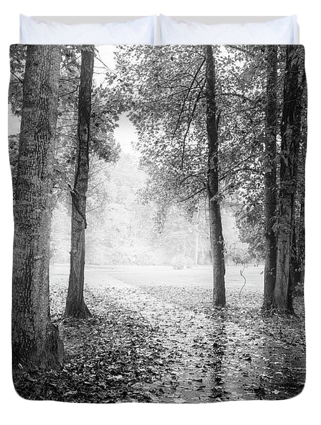 Carolina Duvet Cover featuring the photograph Early Morning Walk Black and White by Debra and Dave Vanderlaan