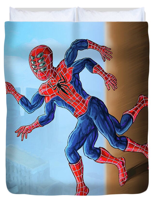 Spiderman Duvet Cover featuring the painting Earth 2 Spiderman by Anthony Mwangi