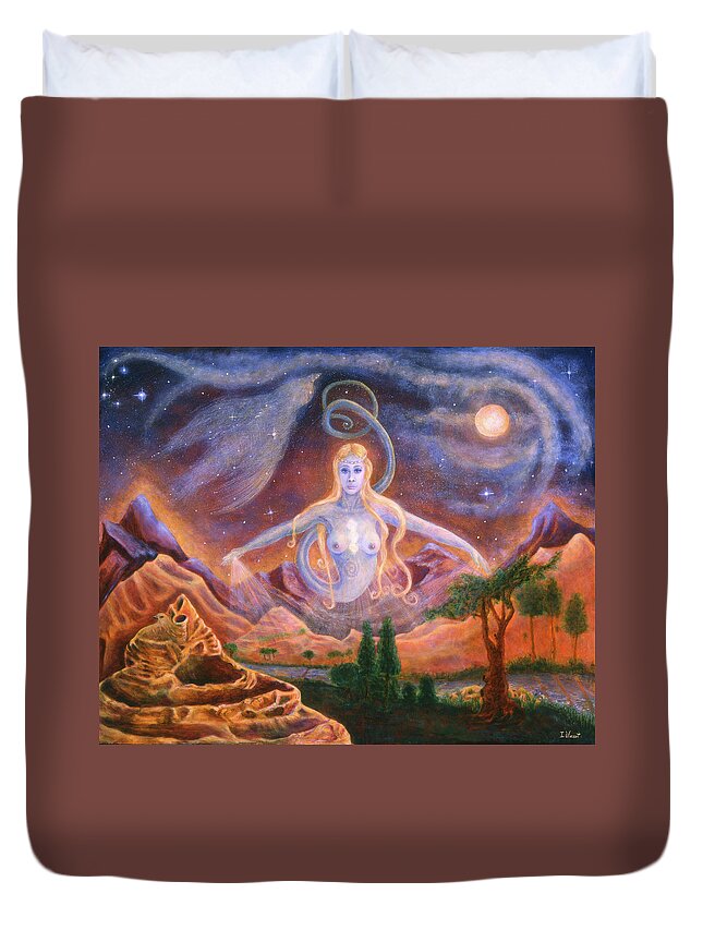Snake-goddess Duvet Cover featuring the painting Earth Guardian by Irene Vincent