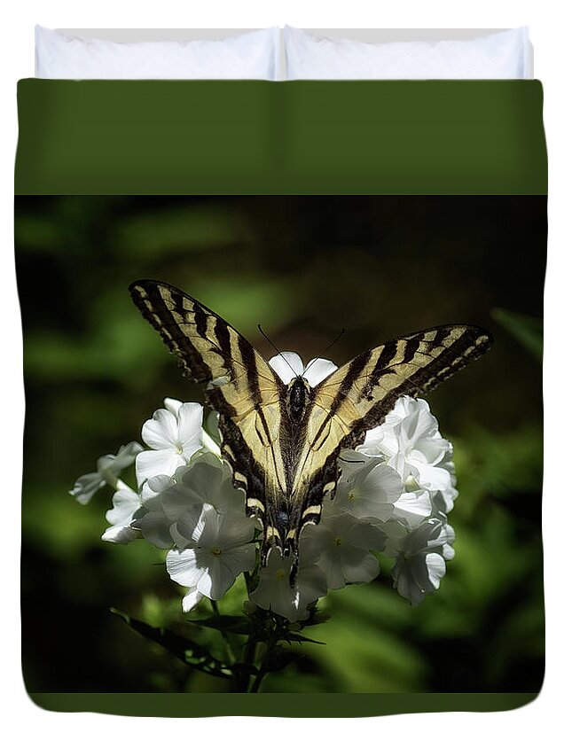 Eastern Tiger Swallowtail Duvet Cover featuring the photograph Eastern Tiger Swallowtail on a White Flower by Belinda Greb