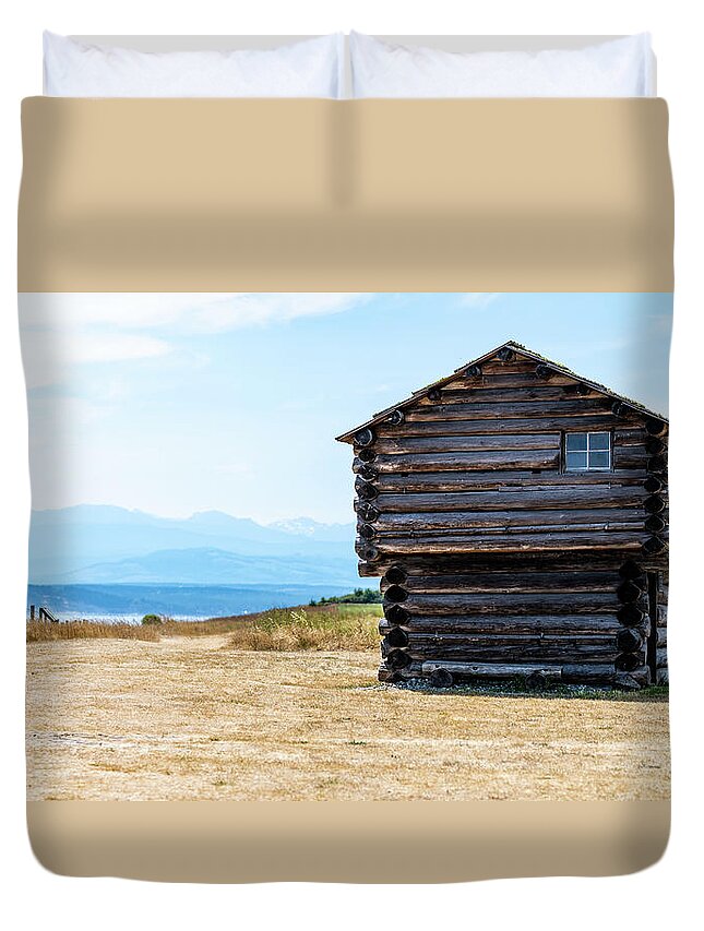 Ebey's Blockhouse And Olympic Mountains Duvet Cover featuring the photograph Ebey's Blockhouse and Olympic Mountains by Tom Cochran