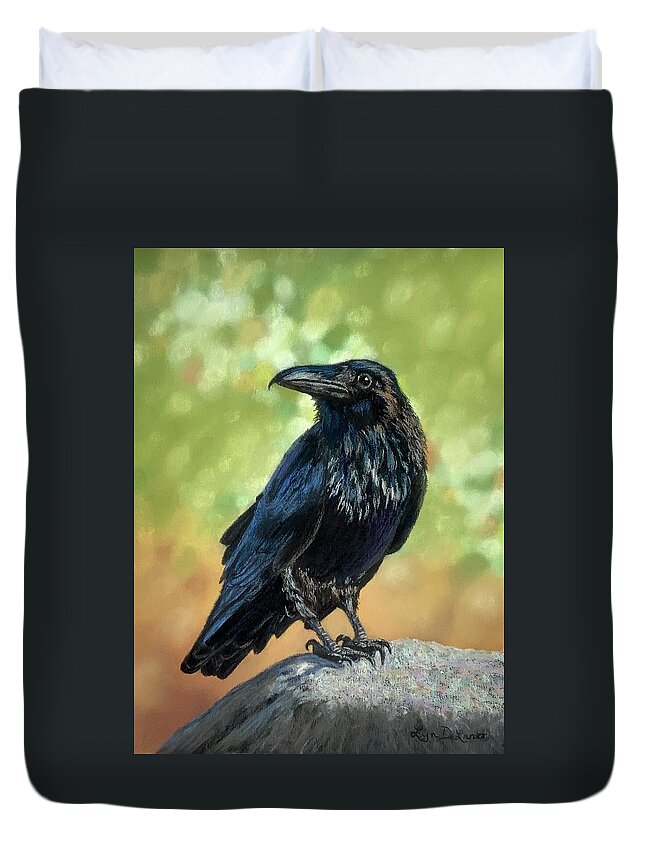 Raven Duvet Cover featuring the pastel Ed the Raven by Lyn DeLano