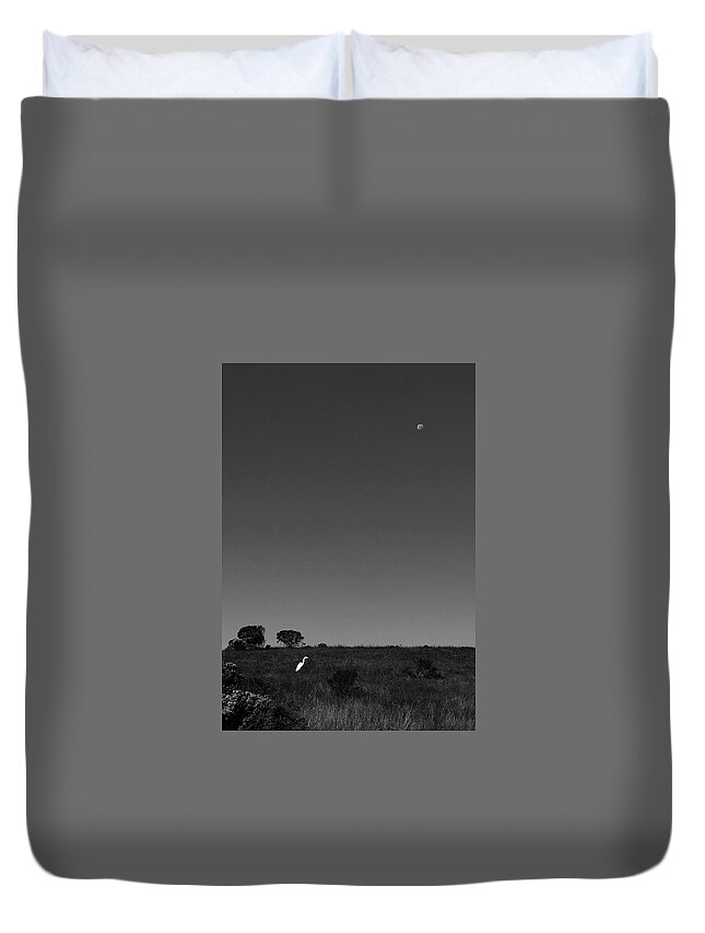 Egret Duvet Cover featuring the photograph Egret and Moon by Lorraine Devon Wilke