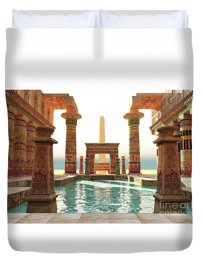 Pool Duvet Cover featuring the digital art Egyptian Pool with Obelisk by Corey Ford