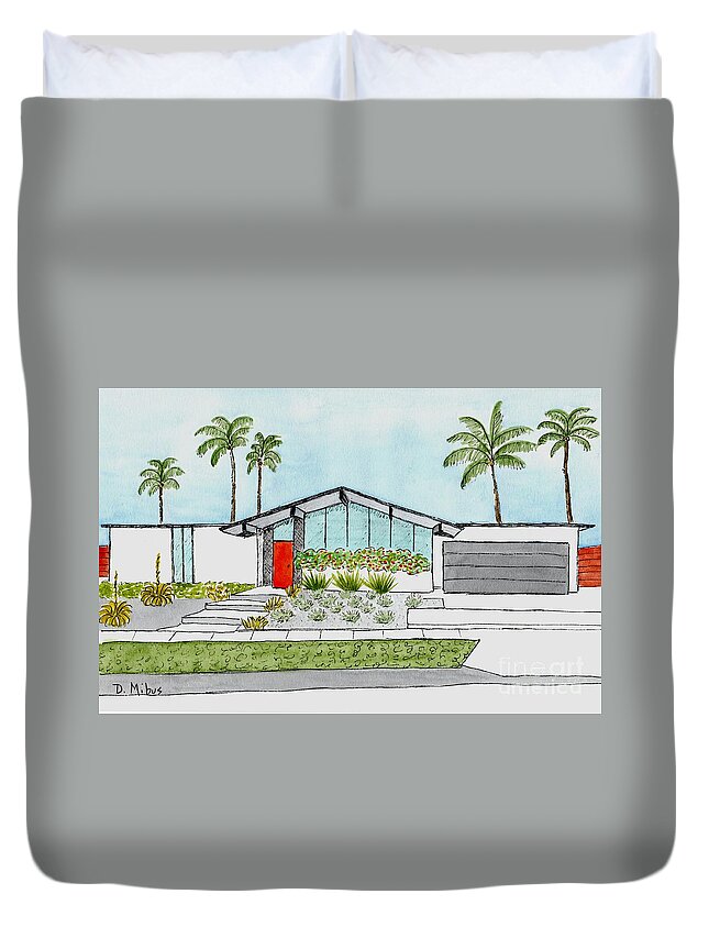 Mid Century Modern Home Duvet Cover featuring the painting Eichler Home in California by Donna Mibus