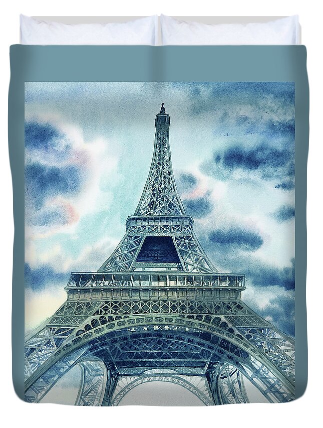 Eiffel Tower Duvet Cover featuring the painting Eiffel Tower In Teal Blue Watercolor French Chic Decor by Irina Sztukowski