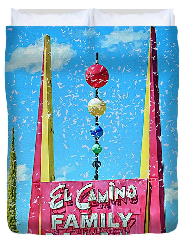 El Camino Family Restaurant Duvet Cover featuring the photograph El Camino Family Restaurant Socorro New Mexico Sign by Debra Martz