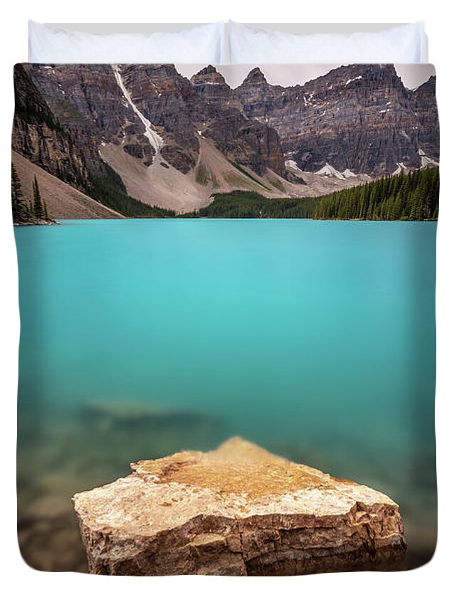 Moraine Lake Duvet Cover featuring the photograph Electric Blue Moraine Lake by Pierre Leclerc Photography
