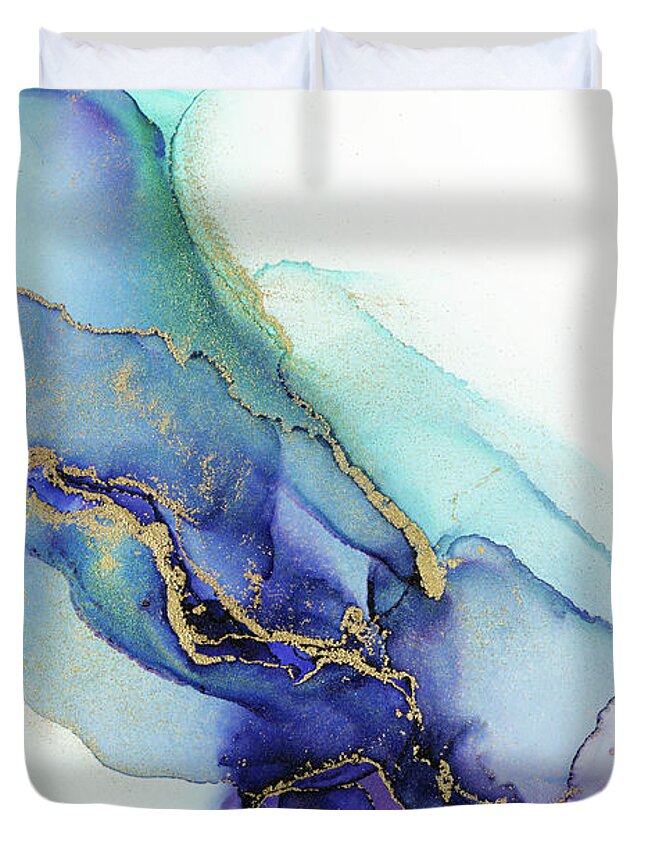 Gold Duvet Cover featuring the painting Electric Wave Violet Turquoise Ink by Olga Shvartsur
