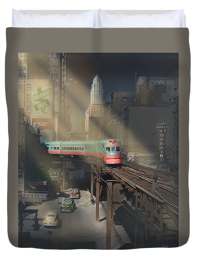 Chicago Duvet Cover featuring the painting Electroliner - Chicago in the 1940s by Glenn Galen
